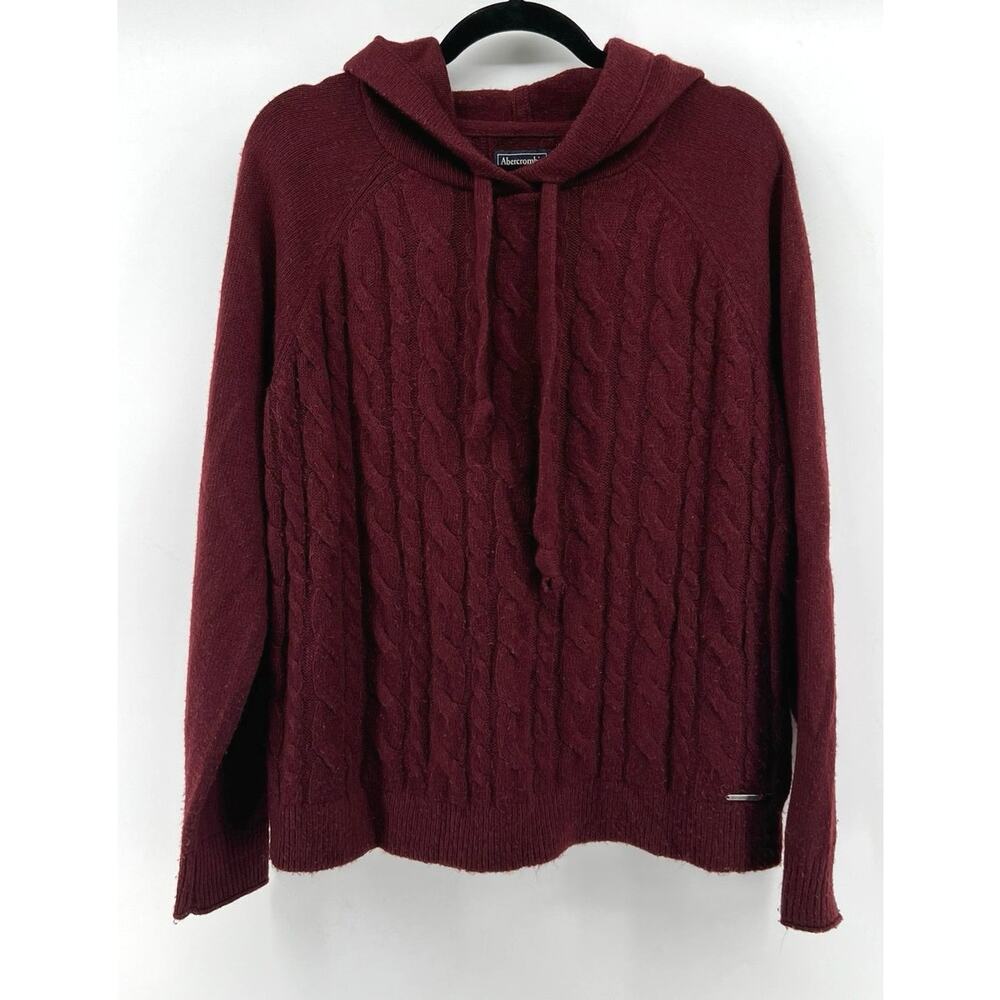 Abercrombie & Fitch Women's Oversized Cable Knit Hooded Sweater Burgundy Size L
